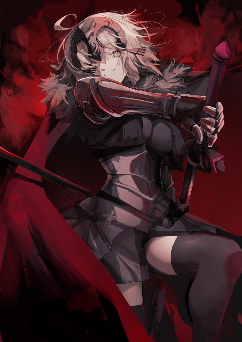 1girl absurdres ankoro_mochi armor armored_dress black_dress black_thighhighs breasts dress fate/grand_order fate_(series) faulds flag gauntlets grey_hair grin headpiece highres jeanne_d'arc_alter_(avenger)_(fate) jeanne_d'arc_alter_(fate) large_breasts looking_at_viewer plackart polearm short_hair smile solo sword thighhighs thighs weapon yellow_eyes