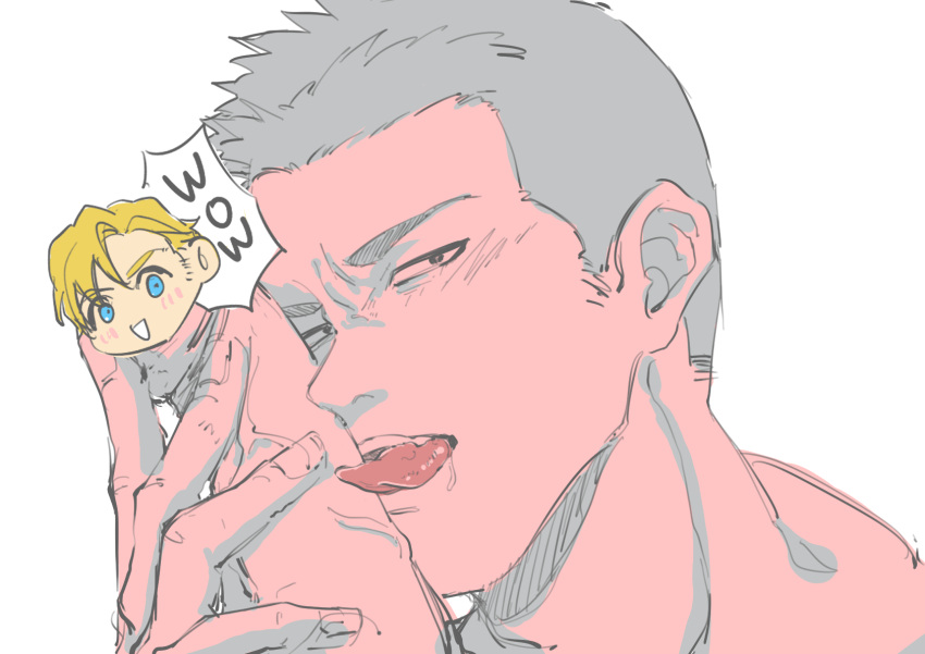 2boys :&lt; ao_isami artist_request black_hair blonde_hair blush couple english_text facial_hair fellatio highres lewis_smith licking licking_penis looking_at_viewer male_focus medium_sideburns multiple_boys muted_color oral penis pov pov_crotch saliva sideburns_stubble stubble thick_eyebrows toned toned_male tongue tongue_out yaoi yuuki_bakuhatsu_bang_bravern