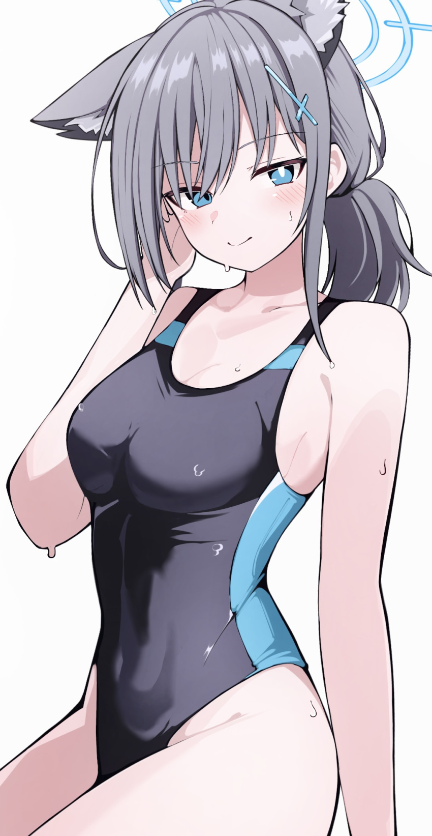 1girl animal_ears arm_at_side armpit_crease black_one-piece_swimsuit blue_archive blue_eyes blush breasts cleavage closed_mouth collarbone commentary competition_swimsuit cowboy_shot grey_hair hair_between_eyes halo hand_in_own_hair highleg highleg_one-piece_swimsuit highleg_swimsuit highres large_breasts legs_together looking_at_viewer low_ponytail one-piece_swimsuit shiroko_(blue_archive) shiroko_(swimsuit)_(blue_archive) sidelocks simple_background sitting smile solo swimsuit wet white_background wolf_ears wolf_girl yun_(kbdenz9)