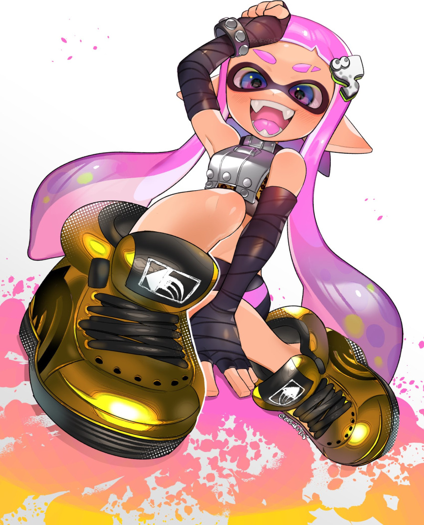1girl arm_up bandaged_arm bandages blue_eyes commentary_request crop_top cross-laced_footwear eyebrow_cut full_body hair_ornament hairclip highres inkling inkling_girl inkling_player_character long_hair looking_at_viewer naoki_(oosuko) open_mouth pink_hair pointy_ears shoes simple_background sitting sleeveless smile solo splatoon_(series) splatoon_3 teeth tentacle_hair thick_eyebrows white_background yellow_footwear