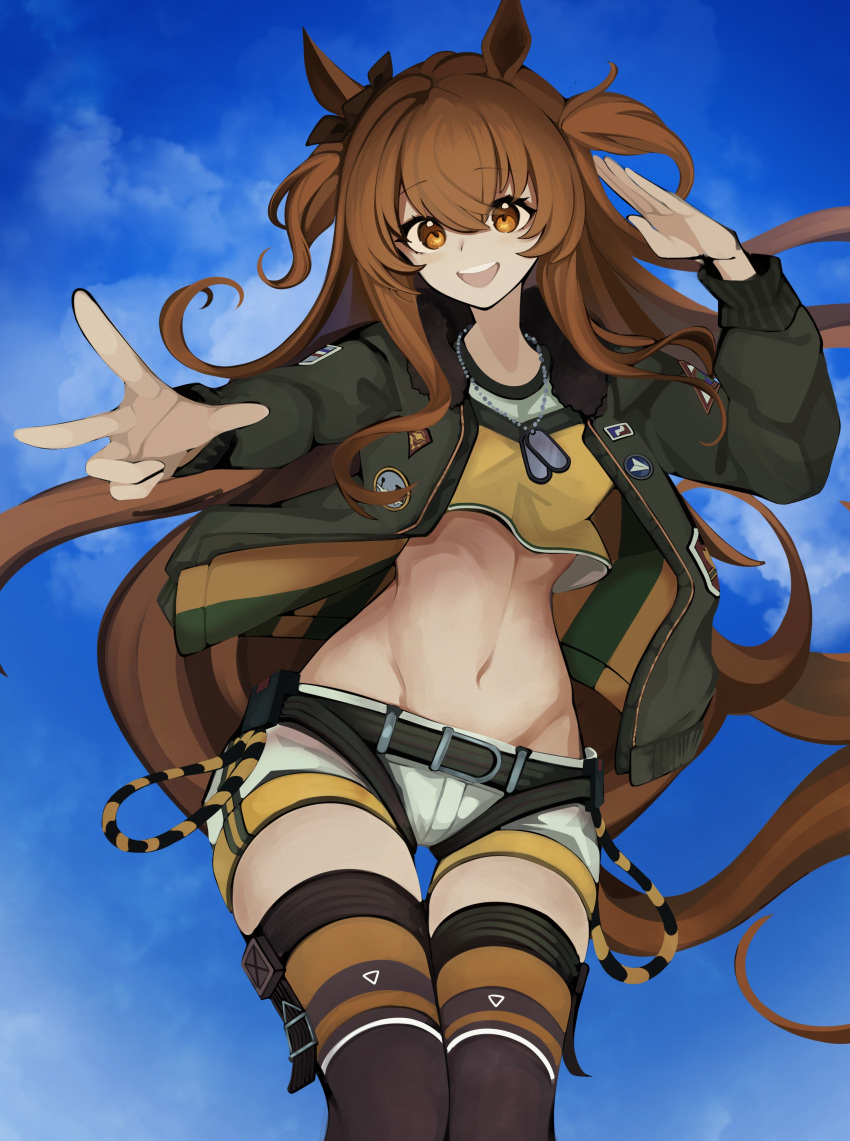 1girl absurdres animal_ears bare_shoulders belt blue_sky blush bomber_jacket breasts brown_ribbon brown_thighhighs commentary_request cowboy_shot crop_top dog_tags ear_ribbon green_belt green_jacket groin hair_between_eyes hand_up highres horse_ears horse_girl jacket konpota_(kon_potamk2) long_hair long_sleeves looking_at_viewer mayano_top_gun_(umamusume) midriff navel open_clothes open_jacket open_mouth orange_eyes orange_hair ribbon salute shadow shirt short_shorts shorts sidelocks sitting sky small_breasts smile solo teeth thighhighs thighs two_side_up umamusume upper_teeth_only w white_shorts yellow_shirt zettai_ryouiki