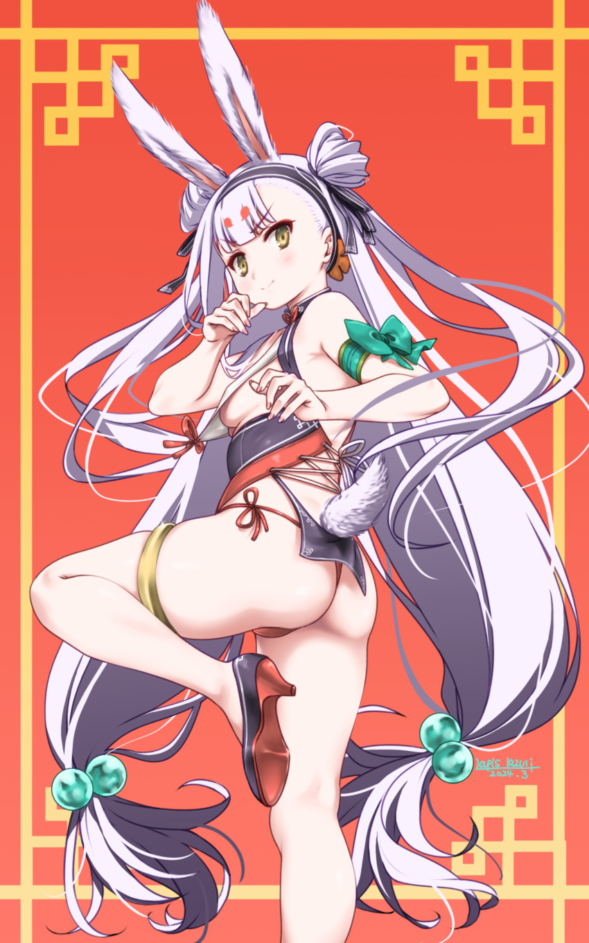 1girl absurdres animal_ears arms_up ass azur_lane black_footwear breasts brown_eyes china_dress chinese_clothes dress fighting_stance from_behind hair_bobbles hair_ornament hairband high_heels highres kneepits leg_up legs long_hair looking_back low-tied_long_hair panties rabbit_ears rabbit_girl rabbit_tail red_panties shimakaze_(azur_lane) shoes short_dress side-tie_panties sideboob small_breasts smile solo standing standing_on_one_leg tail thighlet thighs twintails umyonge_(lkakeu) underwear very_long_hair white_hair