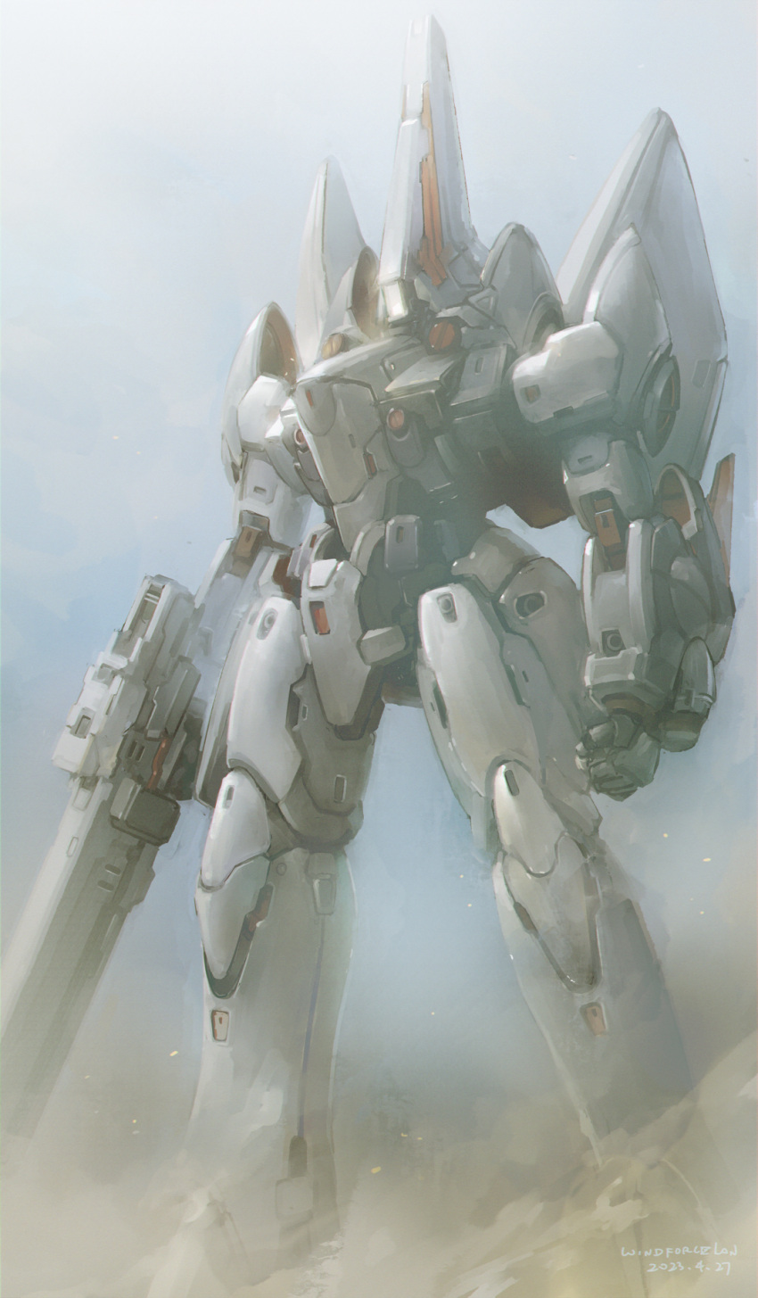 arms_at_sides artist_name beam_rifle chinese_commentary clenched_hand cloud cloudy_sky commentary_request dated day desert energy_gun full_body gun gundam gundam_wing highres holding holding_gun holding_weapon legs_apart mecha mecha_focus mobile_suit no_humans outdoors robot science_fiction sky solo taurus_(mobile_suit) weapon windforcelan