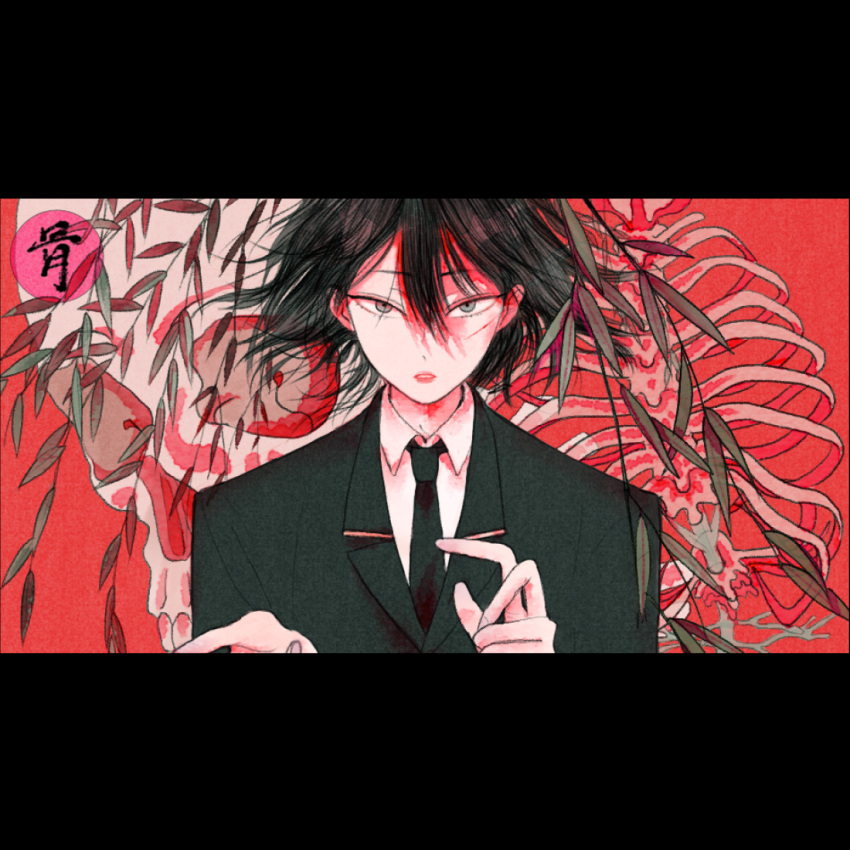 1boy black_hair black_jacket black_necktie black_suit bone collared_shirt cropped expressionless green_eyes hair_between_eyes hair_floating_upwards hand_up hara_kiri jacket leaf looking_at_viewer male_focus necktie original parted_lips portrait red_background retro_artstyle ribs scar scar_on_face shirt skull solo suit teeth tsurime upper_teeth_only white_shirt