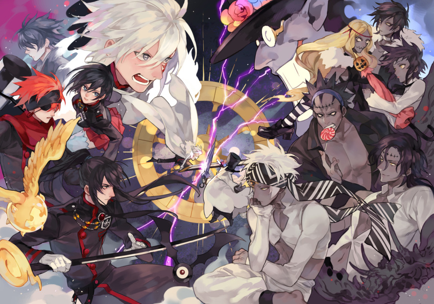 2girls 6+boys allen_walker angry barefoot black_hair black_order_uniform blonde_hair candy cloak commentary_request d.gray-man dark-skinned_male dark_skin devit everyone eyepatch fighting fighting_stance food from_side gloves grey_eyes hair_between_eyes hat head_scarf headband high_ponytail holding holding_sword holding_weapon jasdero kanda_yuu lavi lenalee_lee lero light_particles lollipop long_coat long_hair masa_ashe millennium_earl multiple_boys multiple_girls open_clothes open_mouth open_shirt pectoral_cleavage pectorals profile red_hair road_kamelot short_hair skinn_bolic smile spiked_hair stitched_mouth stitches sword sword_clash teeth timcanpy tongue tongue_out top_hat tyki_mikk weapon white_cloak white_gloves white_hair yellow_eyes