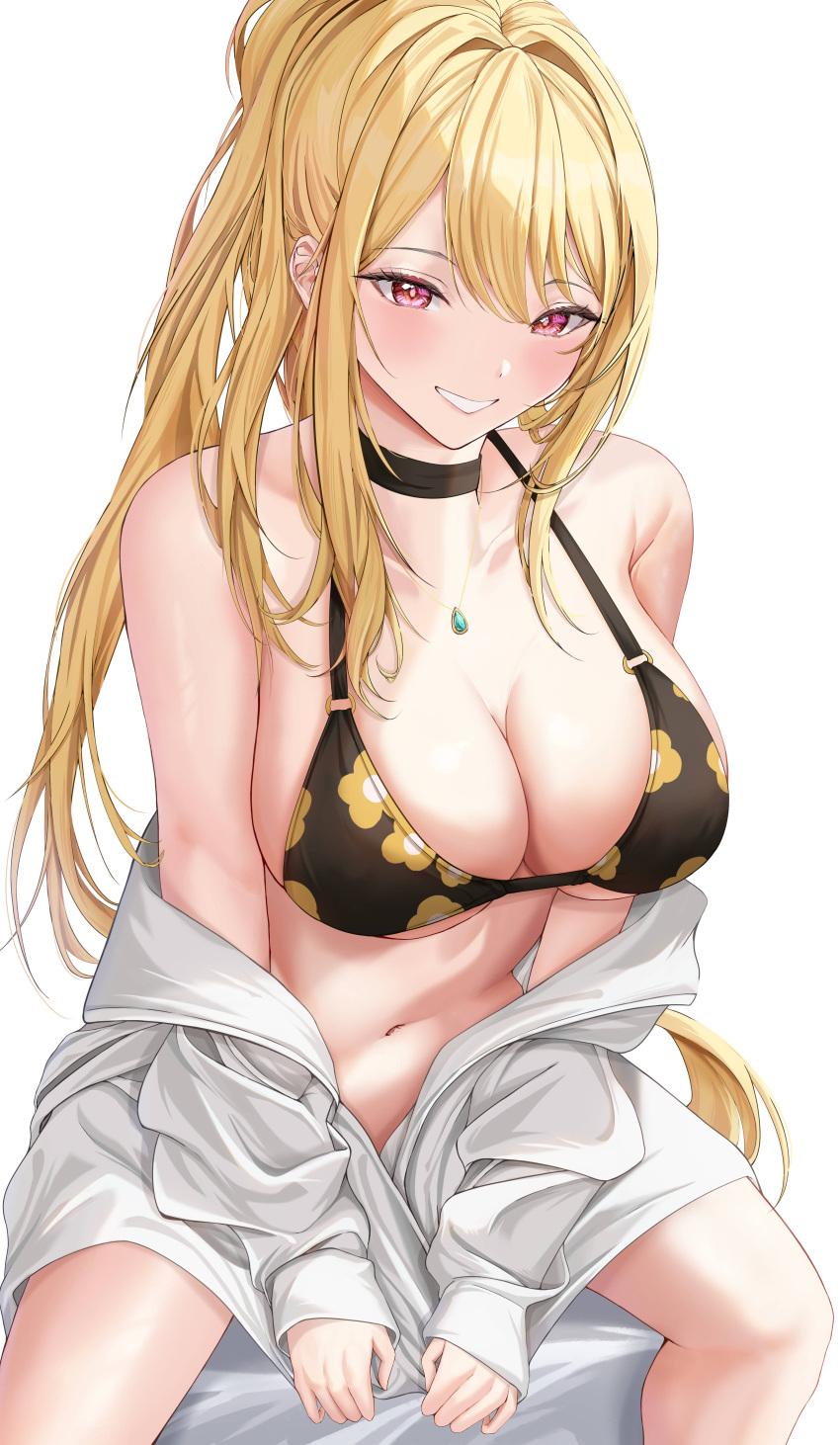1girl about_fg absurdres bare_shoulders bikini black_bikini black_choker blonde_hair blush breasts choker cleavage collarbone feet highres kitagawa_marin large_breasts long_hair navel open_clothes open_shirt red_eyes shirt simple_background sitting smile solo sono_bisque_doll_wa_koi_wo_suru stomach swimsuit very_long_hair white_background white_shirt