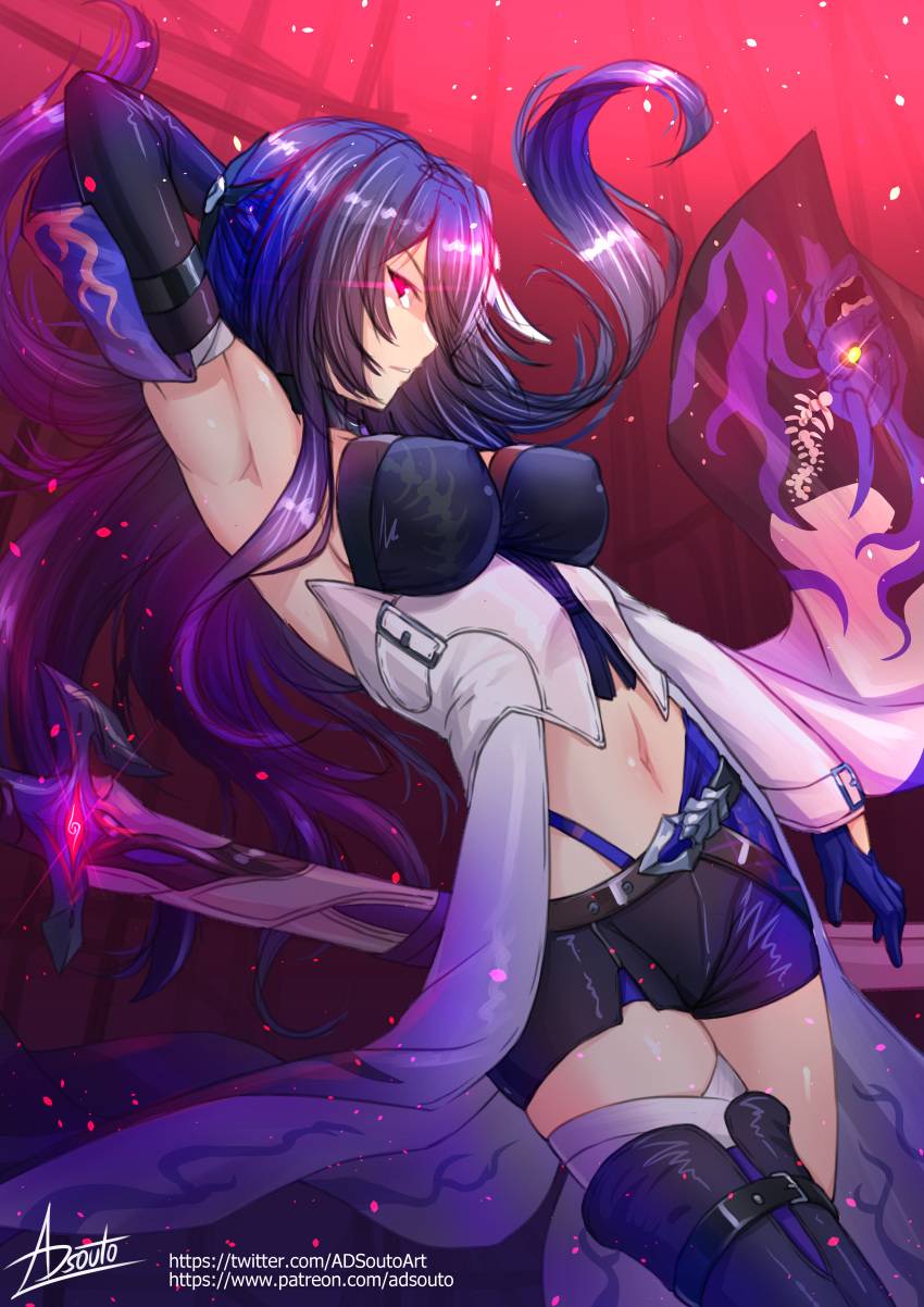 1girl absurdres acheron_(honkai:_star_rail) adsouto arm_up armpits asymmetrical_clothes boots breasts covered_nipples glowing glowing_eye hair_over_one_eye highres honkai:_star_rail honkai_(series) katana large_breasts long_hair looking_at_viewer midriff navel purple_eyes purple_hair short_shorts shorts signature single_thigh_boot sword thigh_boots weapon