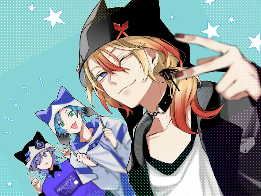 029jrr 3boys :3 animal_hat axel_syrios black_choker blonde_hair blue_background blue_eyes blue_hair blurry choker colored_eyelashes commentary depth_of_field green_eyes hair_between_eyes hat holostars holostars_english hood hoodie long_hair looking_at_viewer low_ponytail male_focus minase_rio multicolored_hair multiple_boys nail_polish one_eye_closed purple_eyes purple_hair red_hair red_nails regis_altare short_hair simple_background slit_pupils smile star_(symbol) symbol-only_commentary two-tone_hair v virtual_youtuber