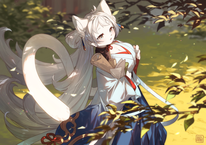 1girl absurdres animal_ear_fluff animal_ears blue_skirt blurry branch breasts cat_ears cat_girl cat_tail cleavage depth_of_field earrings furry furry_female grass highres holding japanese_clothes jewelry kawarage_yatano large_breasts long_hair long_skirt open_mouth original outdoors skirt solo sunlight tail very_long_hair white_hair