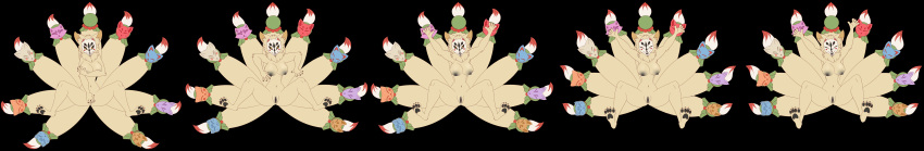 absurd_res anthro arms_above_head black_breasts black_pussy breasts canid canine capcom covering covering_self defeated falling female fox game_over gameplay_mechanics genitals hi_res long_image mammal multi_tail ninetails_(okami) okami_(capcom) platformer_death_pose pussy solo spread_legs spreading tail unknown_artist wide_image