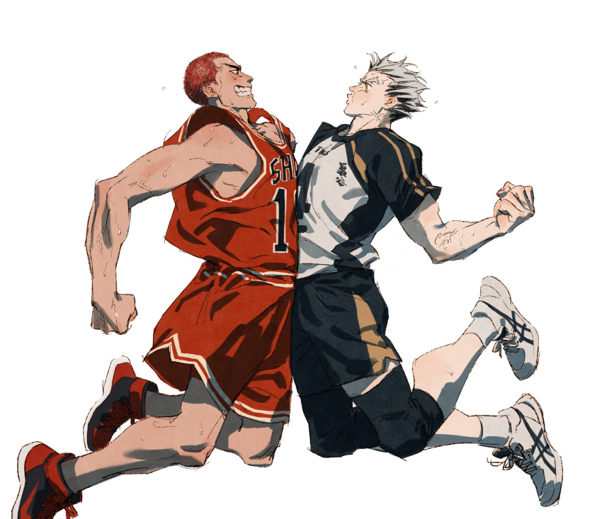 2boys basketball_uniform black_eyes black_hair black_shorts bokuto_koutarou buzz_cut chengongzi123 chest_bump clenched_teeth full_body grey_hair haikyuu!! highres jumping knee_pads male_focus multicolored_hair multiple_boys red_footwear red_hair sakuragi_hanamichi shoes short_hair short_sleeves shorts simple_background slam_dunk_(series) sneakers sportswear streaked_hair sweat teeth thick_eyebrows very_short_hair volleyball_uniform white_background