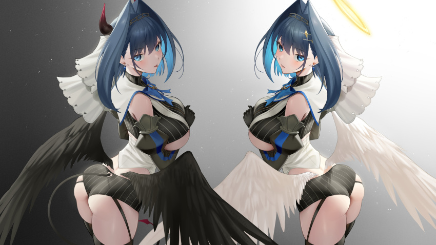 2girls :p absurdres adapted_costume angel_wings arm_under_breasts ass bent_over black_gloves black_panties black_sleeves black_thighhighs black_wings blue_bow blue_bowtie blue_brooch blue_eyes blue_hair blush bow bow_earrings bowtie breasts chain_headband clothing_cutout colored_inner_hair commentary cowboy_shot demon_horns demon_tail detached_sleeves earrings elbow_gloves english_commentary feathered_wings from_side garter_straps gloves gradient_background grey_background hair_intakes halo highres hololive hololive_english horns jewelry large_breasts looking_at_viewer low_wings medium_hair multicolored_hair multiple_girls ouro_kronii ouro_kronii_(1st_costume) panties parted_lips shirt solo somebody_(leiking00) striped_clothes striped_panties tail thighhighs tongue tongue_out underboob_cutout underwear veil virtual_youtuber white_shirt white_veil white_wings wings