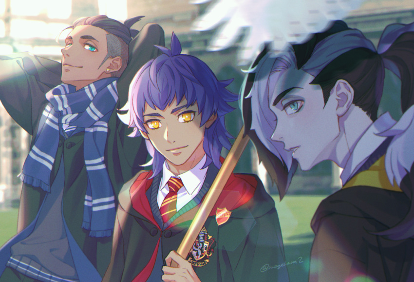 3boys badge bird black_robe blue_eyes closed_mouth diagonal-striped_clothes diagonal-striped_necktie earrings green_eyes grey_sweater gryffindor hogwarts_school_uniform hufflepuff jewelry leon_(pokemon) male_focus moge-hera multicolored_hair multiple_boys necktie outdoors owl parted_lips piers_(pokemon) pokemon pokemon_swsh ponytail raihan_(pokemon) ravenclaw robe scarf school_uniform striped_clothes striped_scarf sweater twitter_username undercut wizarding_world