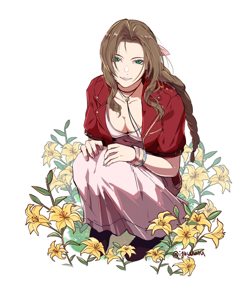 1girl aerith_gainsborough braid breasts brown_hair cleavage final_fantasy final_fantasy_vii final_fantasy_vii_remake green_eyes highres igusaharu jewelry long_hair looking_at_viewer multiple_bracelets necklace simple_background smile solo squatting teeth white_background