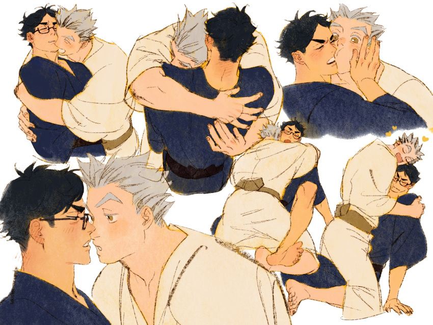 2boys akaashi_keiji barefoot black_hair blue_kimono bokuto_koutarou brown_eyes chengongzi123 closed_eyes colored_eyelashes cropped_torso facing_another full_body glasses grey_hair haikyuu!! hand_on_another's_face highres hug japanese_clothes kimono kiss long_sleeves looking_at_another loving_aura male_focus multiple_boys multiple_views short_hair simple_background sitting thick_eyebrows upper_body very_short_hair white_background wide_sleeves yaoi yukata