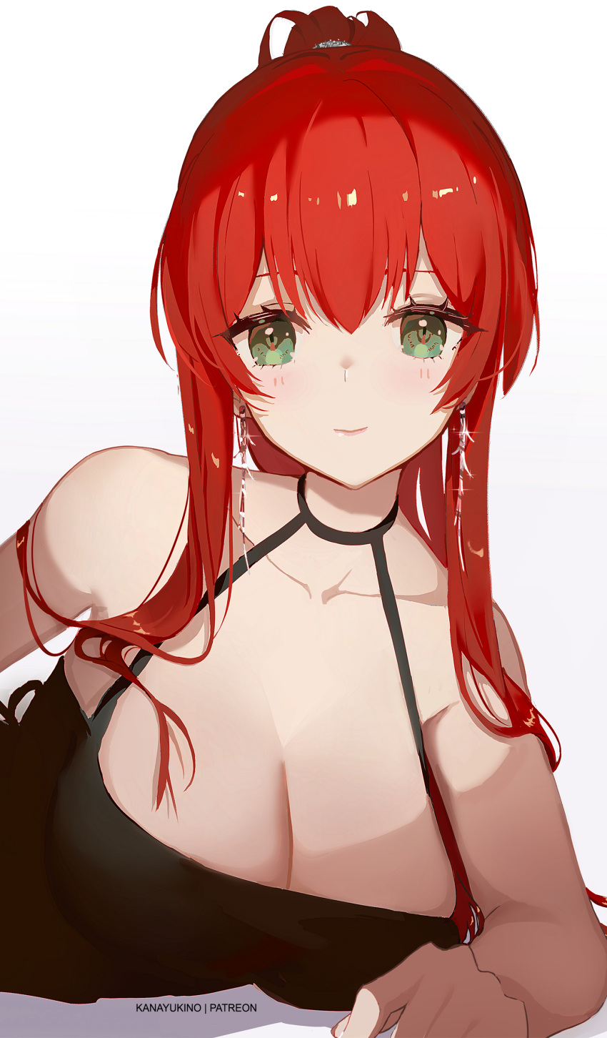 1girl absurdres arm_support artist_name bare_shoulders breasts cleavage collarbone commission earrings feather_earrings feathers green_eyes hair_over_shoulder halterneck high_ponytail highres jewelry kana_yukino large_breasts long_sideburns looking_at_viewer lying on_stomach original ponytail red_hair sideburns sleeveless upper_body