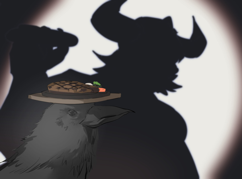 1boy animal beard bird demon_horns different_shadow facial_hair feathers food food_on_head hololive hololive_english hololive_shadow_puppet_(meme) horns meme object_on_head paparissa set7 shadow_puppet silhouette solo spotlight steak virtual_youtuber