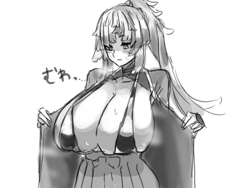 1girl blush breasts fate/grand_order fate/samurai_remnant fate_(series) japanese_clothes kimono kishimen_hair large_breasts long_hair maabo_harusame open_clothes open_kimono slingshot_swimsuit solo sweat sweatdrop swimsuit taking_off yui_shousetsu_(fate) yui_shousetsu_(second_ascension)_(fate)