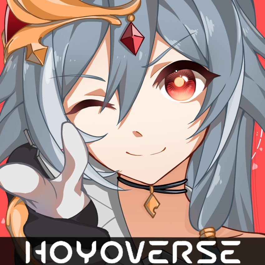 1girl black_choker choker copyright_name dnh260 fu_hua fu_hua_(herrscher_of_sentience) gem_hair_ornament grey_hair hair_ornament highres honkai_(series) honkai_impact_3rd logo long_hair looking_at_viewer multicolored_hair one_eye_closed parody pointing pointing_at_viewer raised_eyebrows red_background red_eyes red_pupils smile smirk solo solo_focus two-tone_gloves two-tone_hair