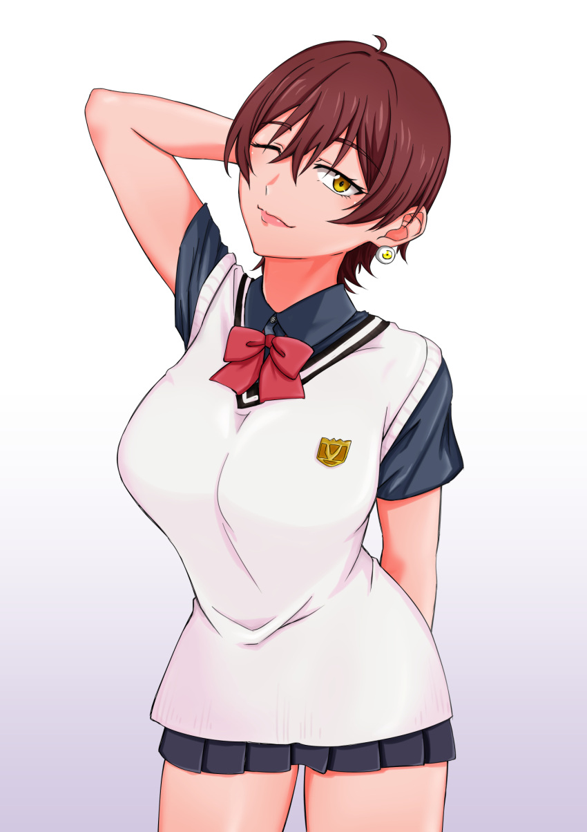 1girl arm_behind_head arm_up black_skirt bow bowtie breasts brown_hair cmyk_(rgb71509204) earrings gridman_universe gridman_universe_(film) highres jewelry large_breasts looking_at_viewer mature_female red_bow school_uniform shirt short_hair simple_background skirt smile takarada_orie uniform yellow_eyes