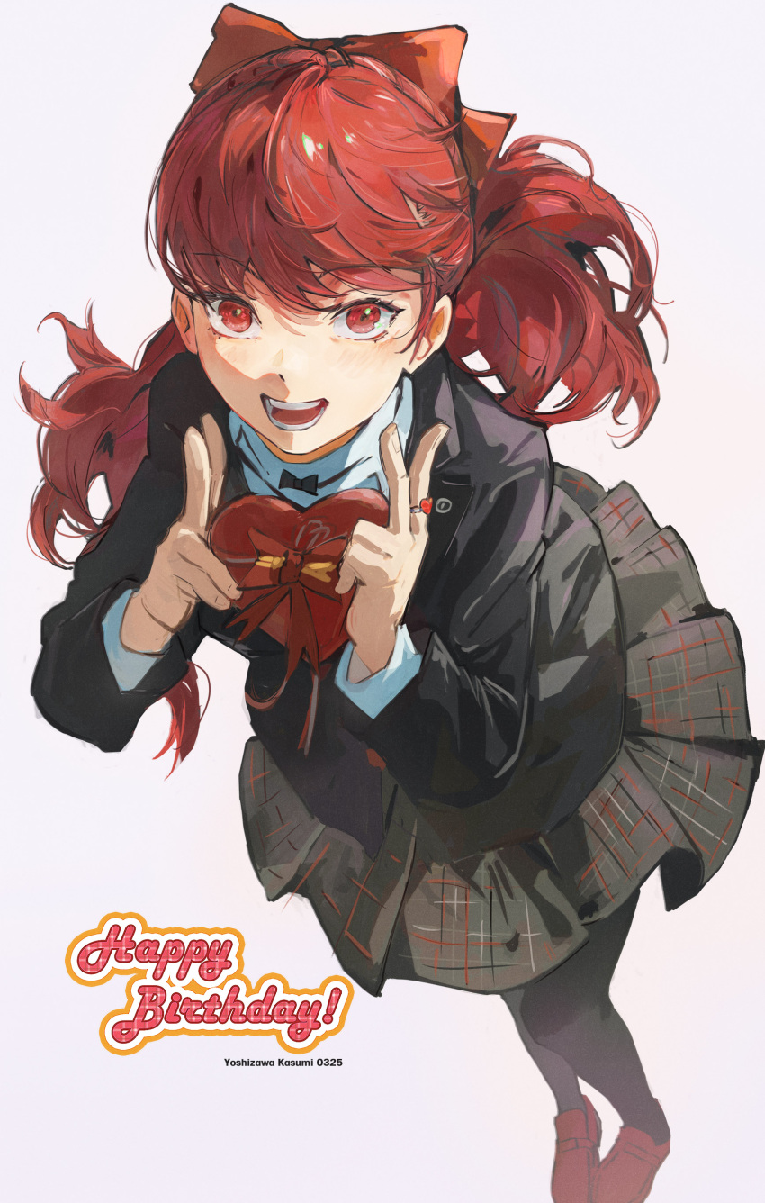 1girl absurdres birthday double_v hair_ribbon happy_birthday highres long_hair long_sleeves looking_at_viewer ooc_(sylyaoh) open_mouth pantyhose persona persona_5 persona_5_the_royal plaid plaid_skirt ponytail red_eyes red_hair ribbon school_uniform shuujin_academy_school_uniform simple_background skirt smile solo teeth upper_teeth_only v yoshizawa_kasumi
