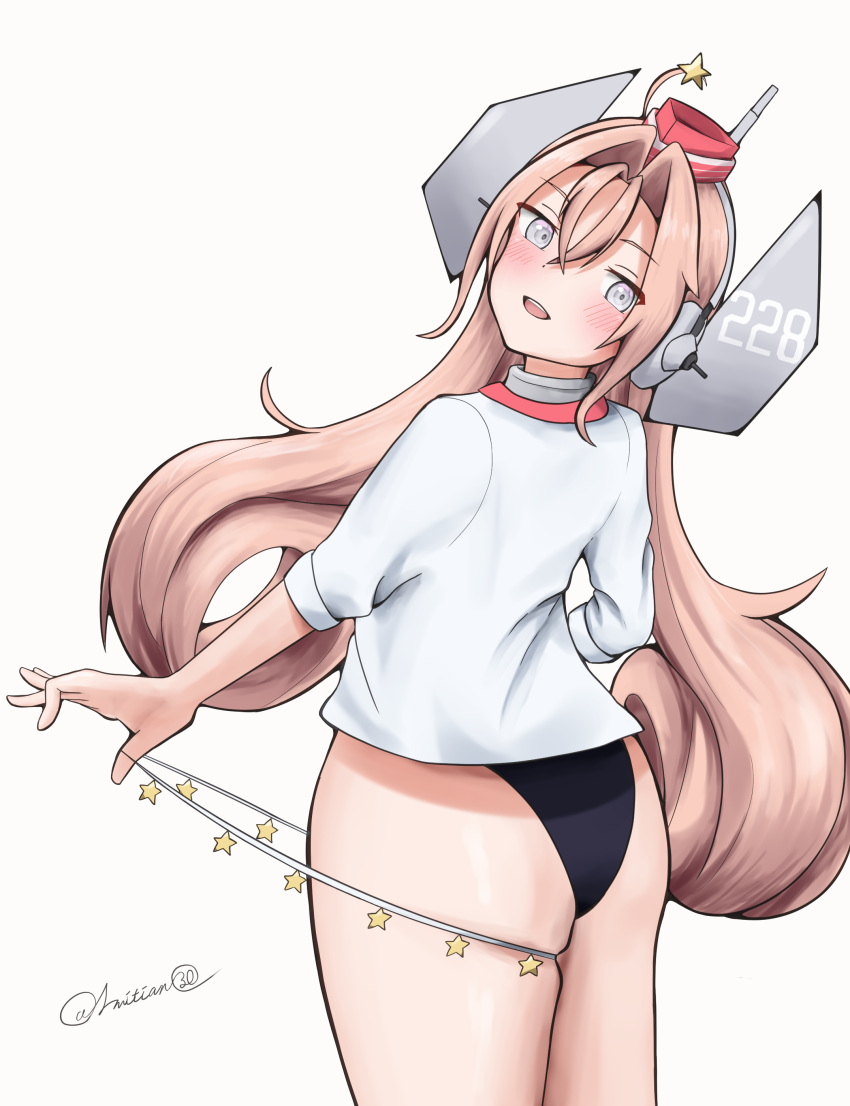 1girl absurdres ass black_one-piece_swimsuit blonde_hair coat cowboy_shot drum_(kancolle) from_behind garrison_cap grey_eyes hair_ornament hair_rings hat headgear highleg highleg_swimsuit highres kantai_collection l_meet long_hair looking_at_viewer looking_back one-piece_swimsuit skull_print solo star_(symbol) star_hair_ornament star_ornament swimsuit swimsuit_under_clothes thick_thighs thighs white_coat