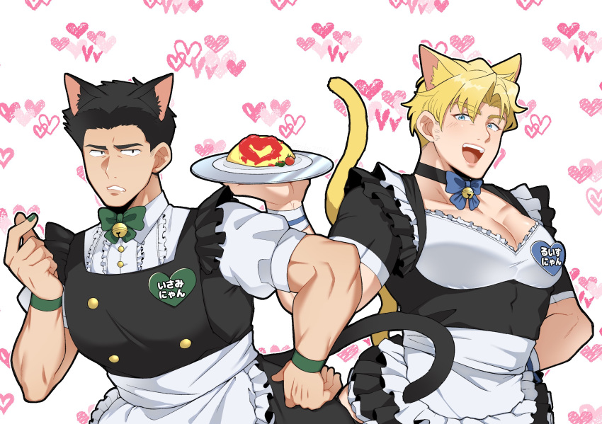 2boys alternate_costume ao_isami apron bara black_dress black_hair blonde_hair couple dress enmaided facial_hair frilled_apron frills highres karisuke_(suke217bbb) kemonomimi_mode large_pectorals lewis_smith maid maid_apron male_focus medium_sideburns multiple_boys muscular muscular_male pectoral_cleavage pectorals puffy_short_sleeves puffy_sleeves short_sleeves sideburns_stubble stubble thick_eyebrows waist_apron white_apron yaoi yuuki_bakuhatsu_bang_bravern