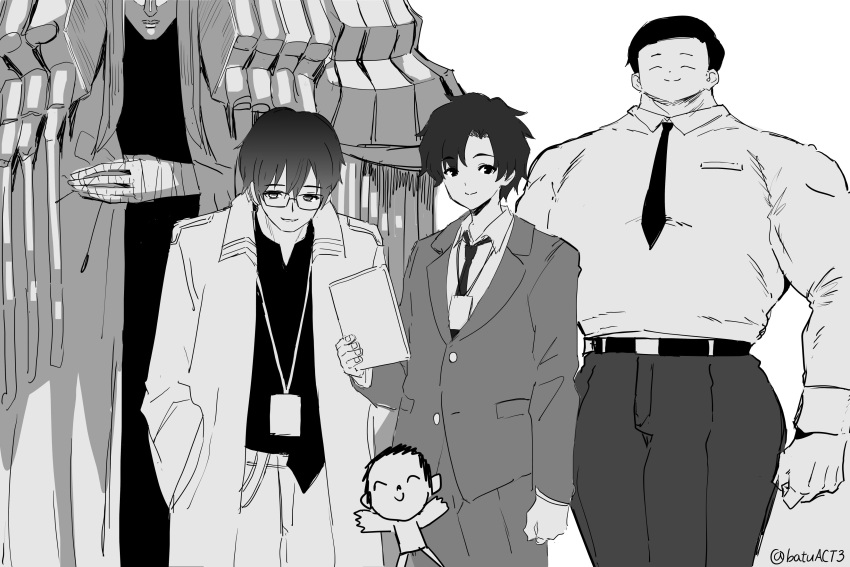 5boys ^_^ absurdres bandaged_hand bandages batsu blue_archive blue_archive_the_animation closed_eyes coat collared_shirt doodle_sensei_(blue_archive) glasses gradient_background greyscale hair_between_eyes hands_in_pockets highres jacket long_sleeves male_focus monochrome multiple_boys multiple_persona muscular muscular_male necktie open_clothes open_coat pants phrenapates_(blue_archive) problem_solver_sensei_(blue_archive) sensei_(blue_archive) sensei_(blue_archive_the_animation) shirt tablet_pc twitter_username