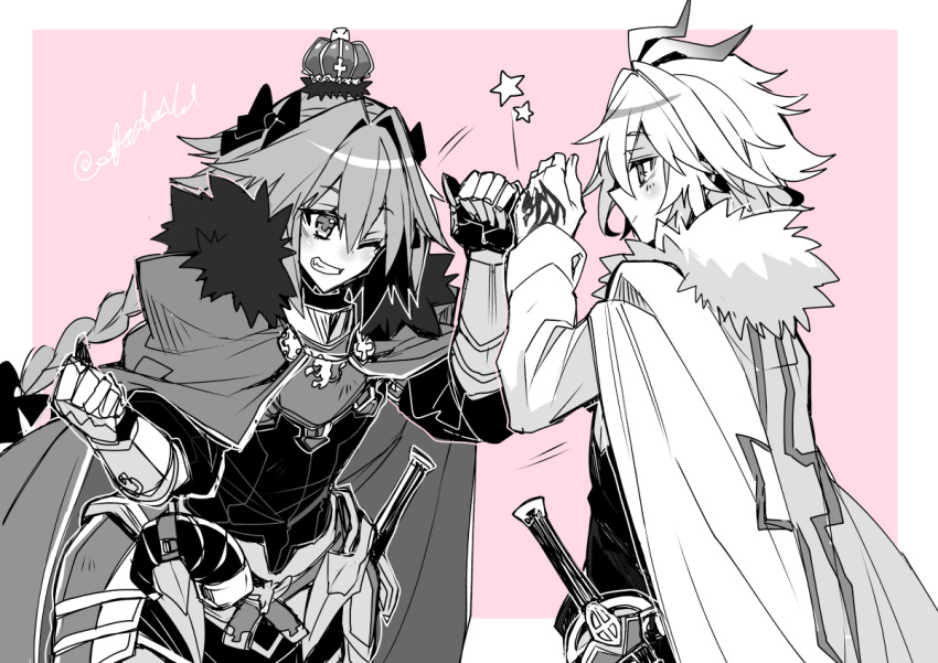 2boys alternate_costume alternate_hair_color antenna_hair astolfo_(fate) astolfo_(fate)_(cosplay) black_bow black_vest bow braid cape command_spell cosplay crown dress_shirt fang fate/apocrypha fate/grand_order fate_(series) fist_bump fur-trimmed_cape fur_trim gauntlets gold_trim gorget greyscale_with_colored_background grin hair_between_eyes hair_bow hair_intakes haoro horn_(instrument) light_blush male_focus mini_crown multiple_boys official_alternate_costume one_eye_closed otoko_no_ko pink_background shirt sieg_(fate) signature single_braid smile star_(symbol) sword upper_body vest weapon white_cape white_hair white_shirt