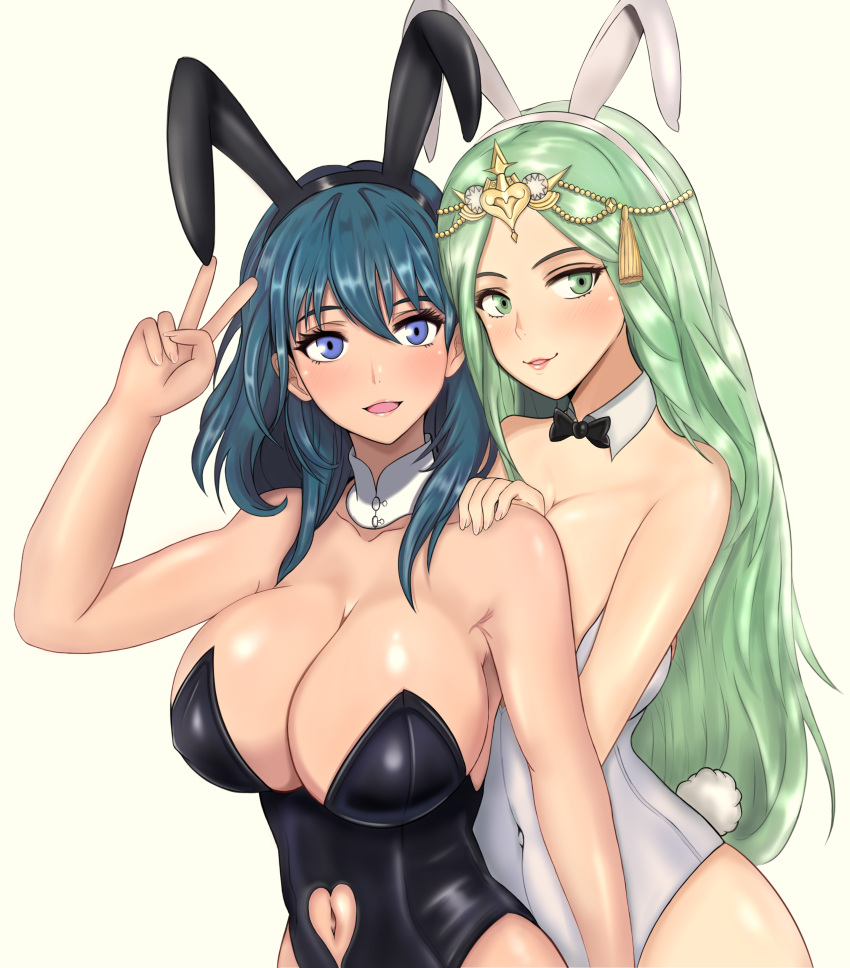 2girls absurdres animal_ears black_bow black_bowtie black_leotard blue_eyes blue_hair blush bow bowtie breasts byleth_(female)_(fire_emblem) byleth_(fire_emblem) cleavage collarbone fake_animal_ears fake_tail fire_emblem fire_emblem:_three_houses green_eyes green_hair hairband hand_on_another's_shoulder highres large_breasts leotard long_hair looking_at_viewer mali-sa medium_hair multiple_girls open_mouth parted_lips playboy_bunny rabbit_ears rabbit_tail rhea_(fire_emblem) simple_background smile tail v white_background white_leotard