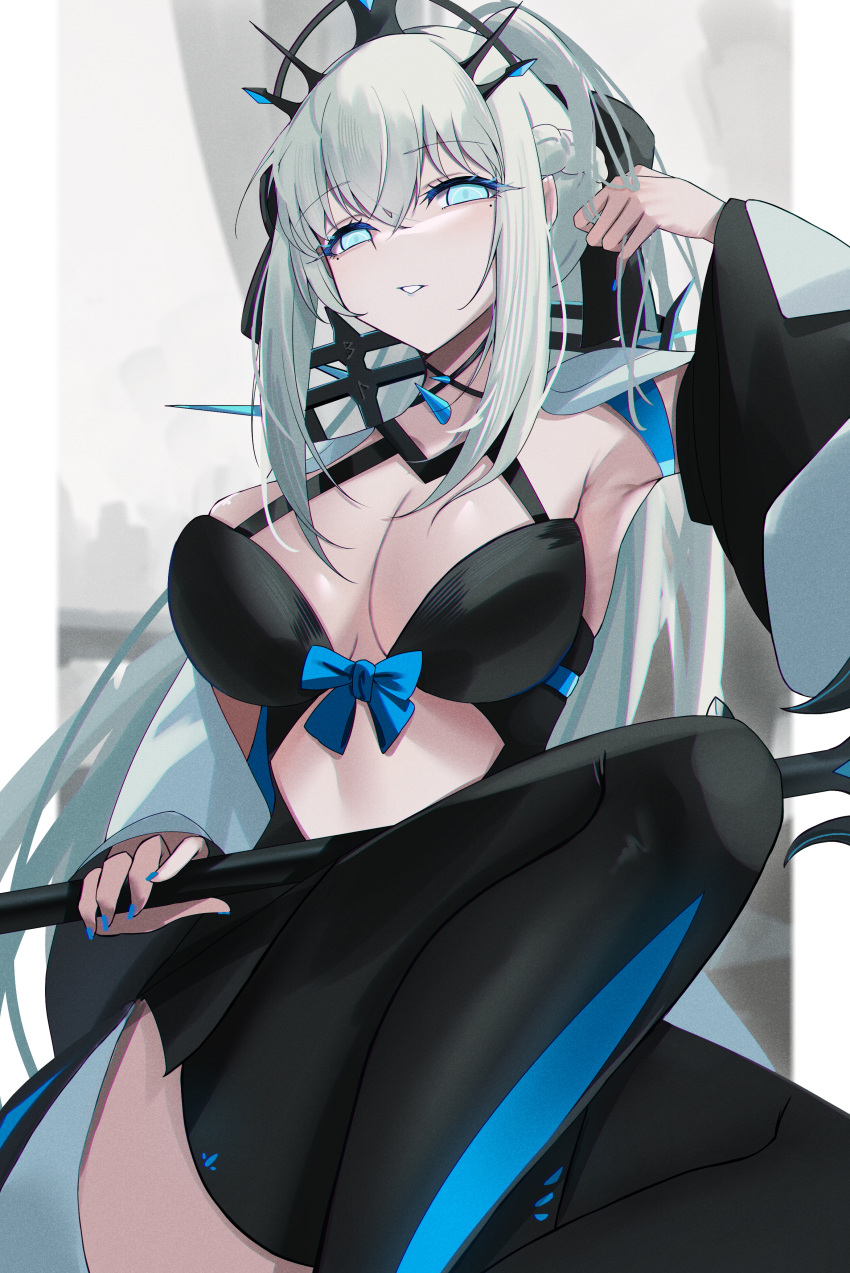 1girl absurdres armpits black_bow black_dress blue_eyes blush boots bow braid breasts dress fate/grand_order fate_(series) grey_hair hair_bow highres large_breasts long_hair long_sleeves looking_at_viewer morgan_le_fay_(fate) multiple_girls musicatopos ponytail sidelocks smile solo thigh_boots thighs very_long_hair
