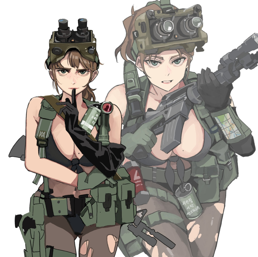 1girl ammunition_pouch assault_rifle bikini bikini_top_only black_bikini blue_eyes breasts brown_hair brown_pantyhose clenched_teeth colt_commando cowboy_shot flashbang flashlight gloves green_eyes green_gloves gun highres holding holding_gun holding_weapon holster knife korean_text large_breasts load_bearing_equipment looking_ahead metal_gear_(series) metal_gear_solid_v:_the_phantom_pain mole mole_on_breast muzzle_device night_vision_device open_mouth pantyhose pouch quiet_(metal_gear) rifle sanpaku simple_background smoke_grenade solo swimsuit teeth thigh_holster torn_clothes torn_pantyhose wani_(perfect_han) weapon white_background