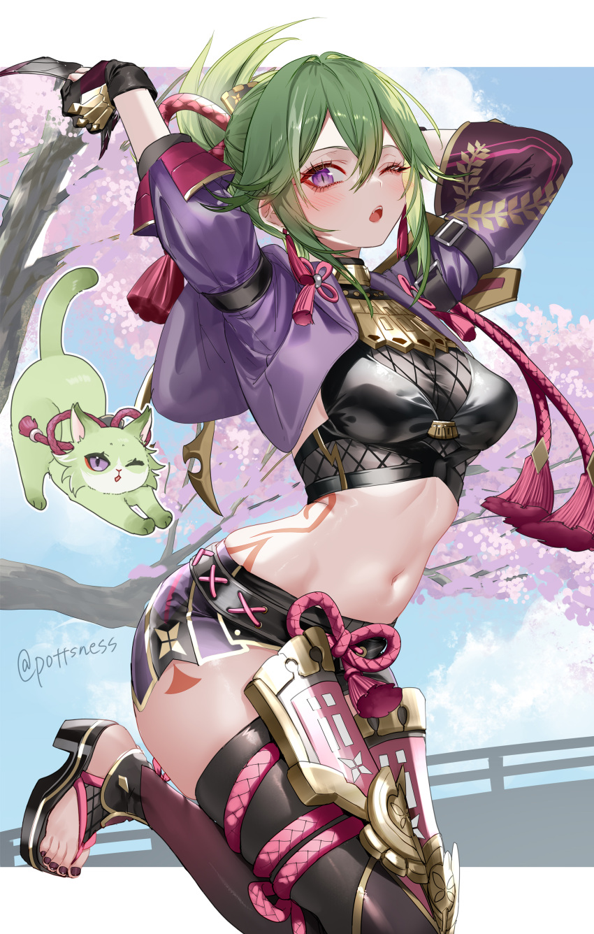 1girl absurdres animalization black_shirt black_thighhighs blue_sky breasts cat commentary_request crop_top day genshin_impact green_hair highres jacket kuki_shinobu long_sleeves looking_at_viewer medium_breasts midriff nail_polish navel one_eye_closed open_clothes open_jacket open_mouth pottsness purple_eyes purple_jacket shirt short_shorts shorts sky stomach thighhighs thighs toenail_polish toenails