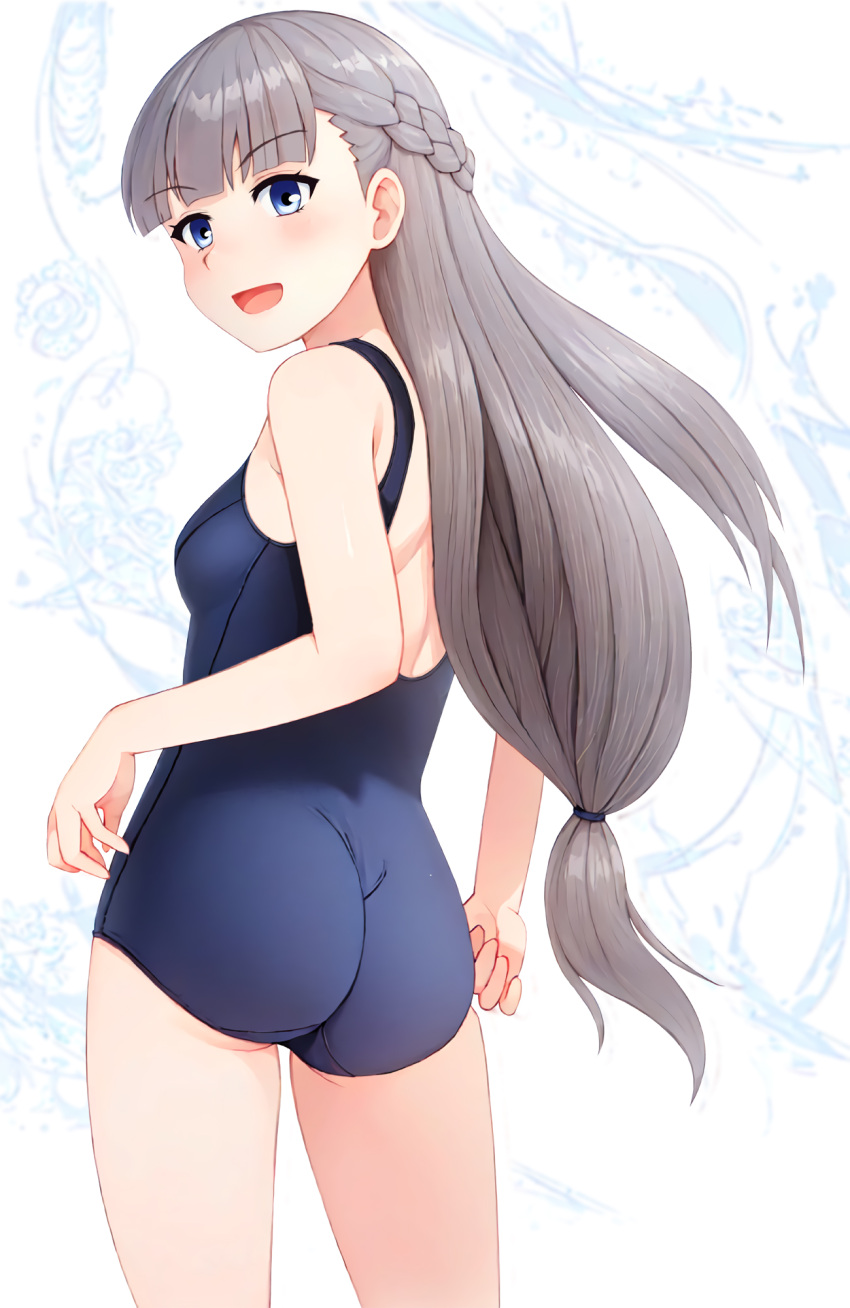 1girl ass blue_eyes blue_one-piece_swimsuit blunt_bangs braid breasts commentary_request eyebrows_hidden_by_hair french_braid grey_hair highres lawine_(sousou_no_frieren) long_hair looking_back low-tied_long_hair neopure old_school_swimsuit one-piece_swimsuit school_swimsuit small_breasts smile solo sousou_no_frieren standing swimsuit
