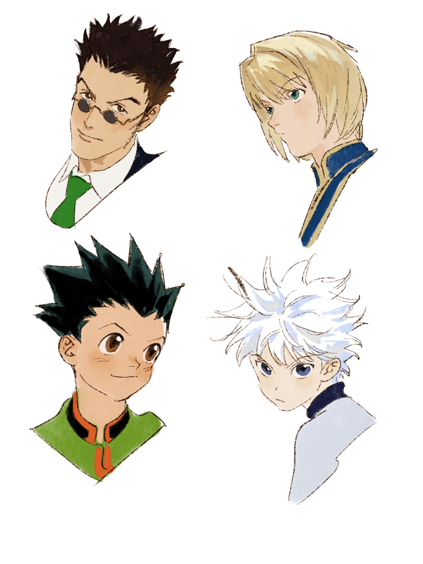 4boys blonde_hair blue_eyes brown_eyes brown_hair chengongzi123 collared_shirt commentary glasses gon_freecss green_hair green_necktie highres hunter_x_hunter killua_zoldyck kurapika leorio_paladiknight looking_at_another looking_at_viewer looking_to_the_side male_focus mandarin_collar multiple_boys necktie portrait round_eyewear shirt short_hair simple_background smile spiked_hair symbol-only_commentary very_short_hair white_background white_hair white_shirt