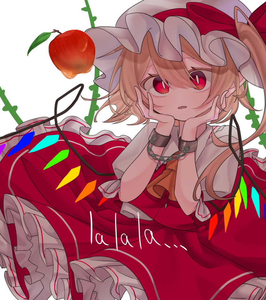 1girl apple blonde_hair bound bound_wrists crystal_wings cuffs dress flandre_scarlet food frills fruit hands_on_own_cheeks hands_on_own_face hat hat_ribbon highres misoice_ramen mob_cap plant red_dress red_eyes red_ribbon ribbon side_ponytail simple_background solo touhou vines white_background