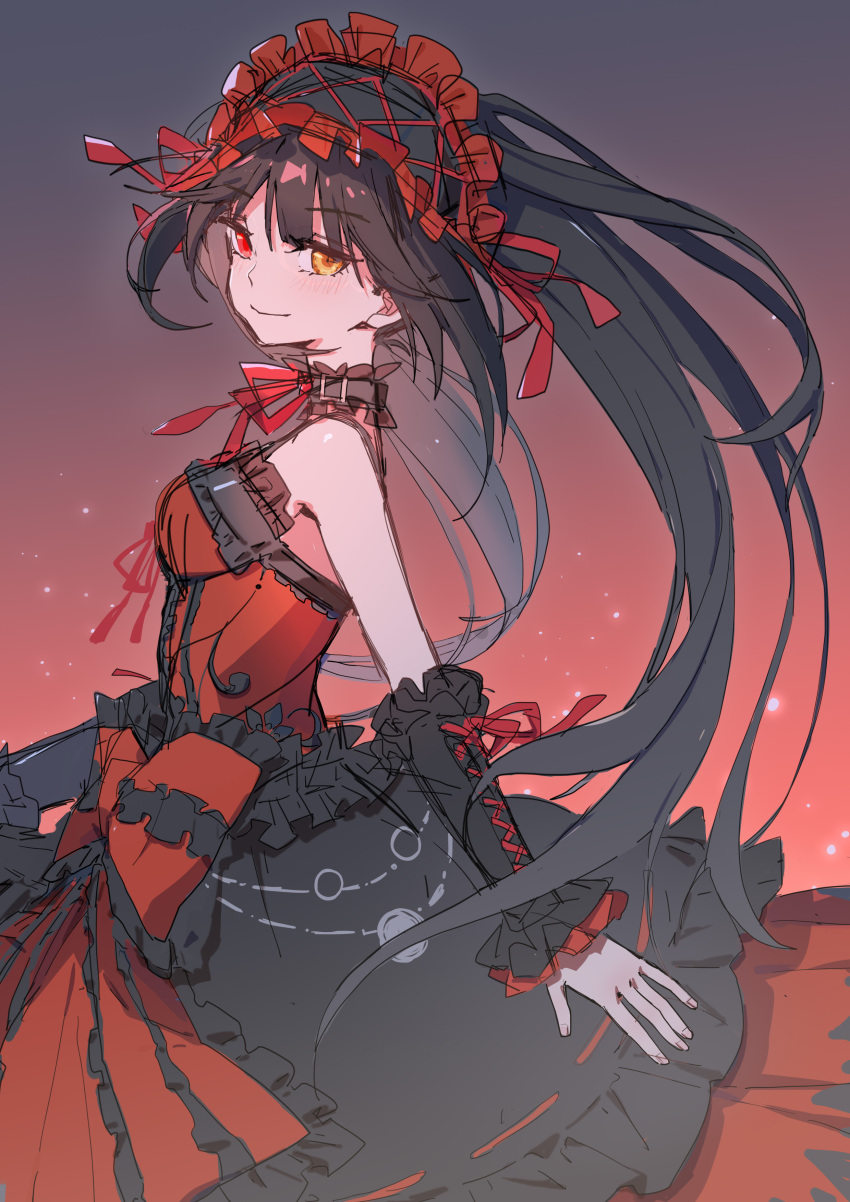 1girl absurdres bare_shoulders black_hair breasts cleavage clock_eyes collar date_a_live detached_sleeves dress gothic_lolita hairband heterochromia highres lolita_fashion lolita_hairband long_hair looking_at_viewer medium_breasts red_eyes ribbon sao7 smile solo symbol-shaped_pupils thighhighs tokisaki_kurumi twintails uneven_twintails yellow_eyes