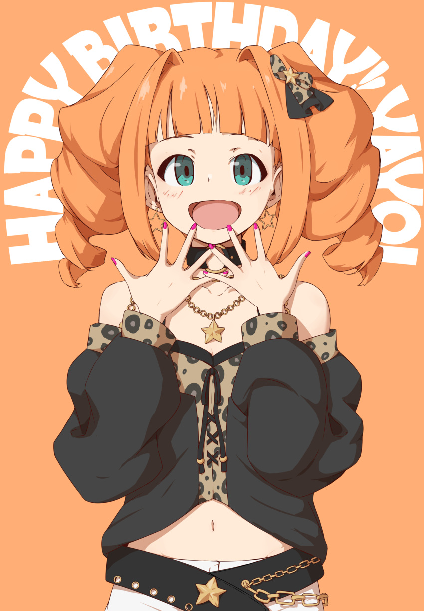 1girl 39degrees :d bare_shoulders black_shirt blue_eyes blush bow choker commentary_request drill_hair earrings hair_bow hair_ornament hands_up happy happy_birthday highres idolmaster jewelry looking_at_viewer medium_hair midriff navel necklace o-ring o-ring_choker off-shoulder_shirt off_shoulder orange_hair pink_nails shirt smile solo star_(symbol) star_earrings star_hair_ornament star_necklace takatsuki_yayoi twin_drills upper_body