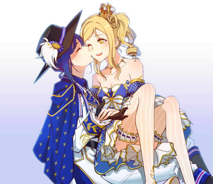 2girls bare_shoulders black_gloves black_hat blonde_hair blue_background blue_hair blush braid breasts cleavage closed_eyes collarbone commentary_request crown crown_braid detached_sleeves gloves gradient_background highres holding_hands kiss kissing_cheek love_live! love_live!_sunshine!! matsuura_kanan mini_crown multiple_girls nyasa ohara_mari one_eye_closed pants pink_theme single_hair_ring sitting sitting_on_lap sitting_on_person smile striped_clothes striped_thighhighs thighhighs white_background white_pants yellow_eyes yuri