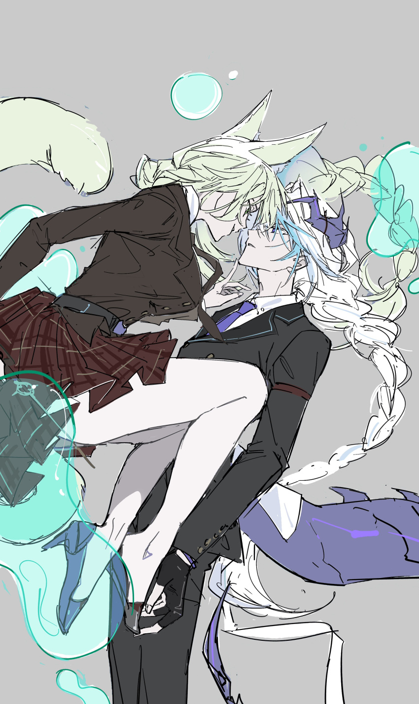 1boy 1girl absurdres animal_ears arknights braid cat_ears cat_girl coat couple cowboy_shot grey_background harmonie_(arknights) hetero high_heels highres horns kaninn lizard_tail long_hair puzzle_(arknights) reptile_boy simple_background single_braid skirt tail white_hair