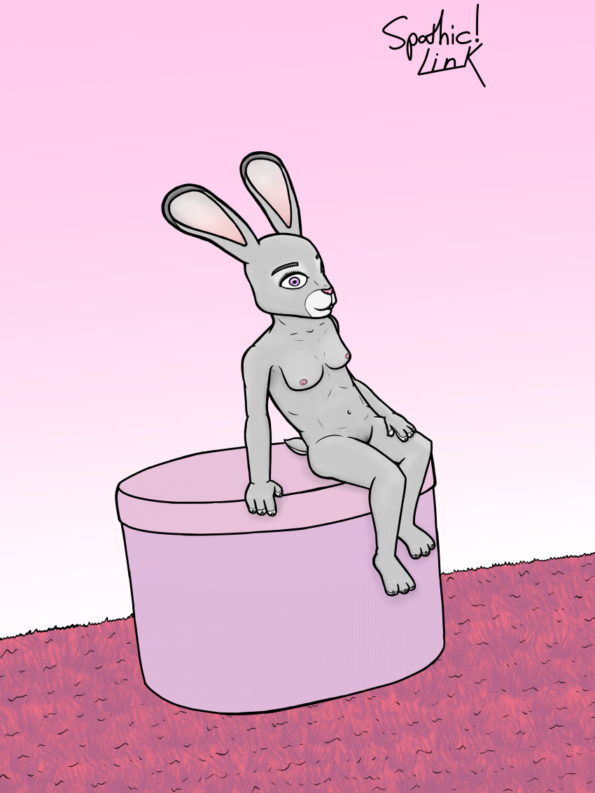 absurd_res anthro big_ears carpet disney female futon hi_res judy_hopps lagomorph leporid looking_at_viewer mammal nude purple_eyes rabbit simple_background size_difference smaller_female solo spathic_link zootopia