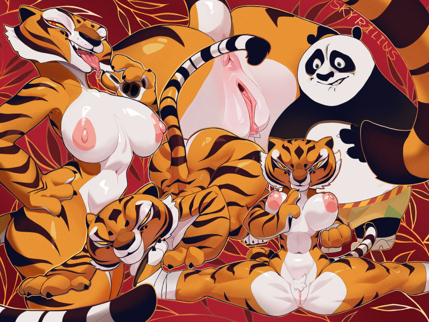 absurd_res anthro anus ass_up bear big_breasts bite biting_lip bodily_fluids breasts butt dreamworks duo felid female female_focus flexible fur genitals giant_panda hi_res huge_breasts kung_fu_panda leg_wraps male mammal master_po_ping master_tigress multiple_poses muscular muscular_anthro muscular_female narrowed_eyes orange_body orange_fur overweight overweight_male pantherine pose presenting presenting_hindquarters pussy saliva seductive skyrilius smile solo_focus splits spread_legs spreading striped_body striped_fur stripes thick_thighs tiger tongue tongue_out wide_hips wraps