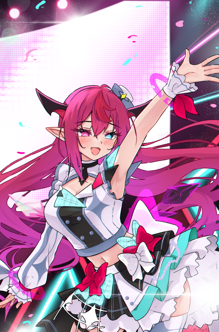 1girl arm_up armpits blue_eyes bow fang heterochromia highres hololive hololive_english hololive_idol_uniform_(bright) horns irys_(hololive) long_hair magui3 midriff navel pointy_ears purple_eyes purple_hair single_sleeve skirt virtual_youtuber wrist_cuffs