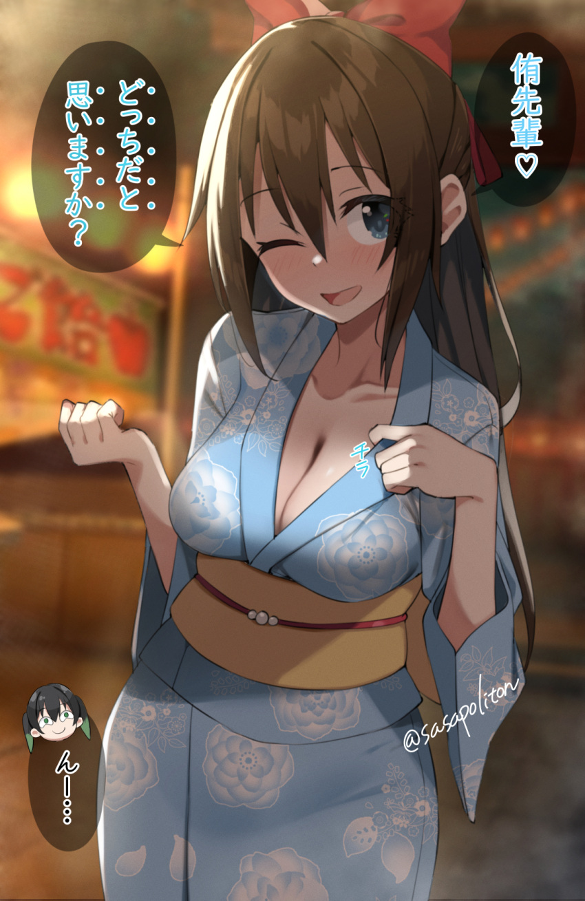 2girls ;d blue_eyes blue_kimono blurry blurry_background bow breasts brown_hair cleavage collarbone commentary_request hair_bow highres japanese_clothes kimono large_breasts long_hair looking_at_viewer love_live! love_live!_nijigasaki_high_school_idol_club multiple_girls one_eye_closed osaka_shizuku print_kimono red_bow sasanon_(sasapoliton) smile speech_bubble takasaki_yu translation_request