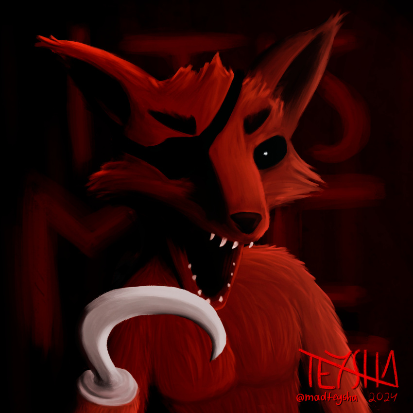 anthro bandage bandage_on_face black_background black_eyes canid canine english_text eye_patch eyewear five_nights_at_freddy's fox foxy_(fnaf) fur hi_res hook hook_hand madteysha male mammal monochrome open_mouth red_body red_fur scottgames simple_background solo teeth text white_eyes