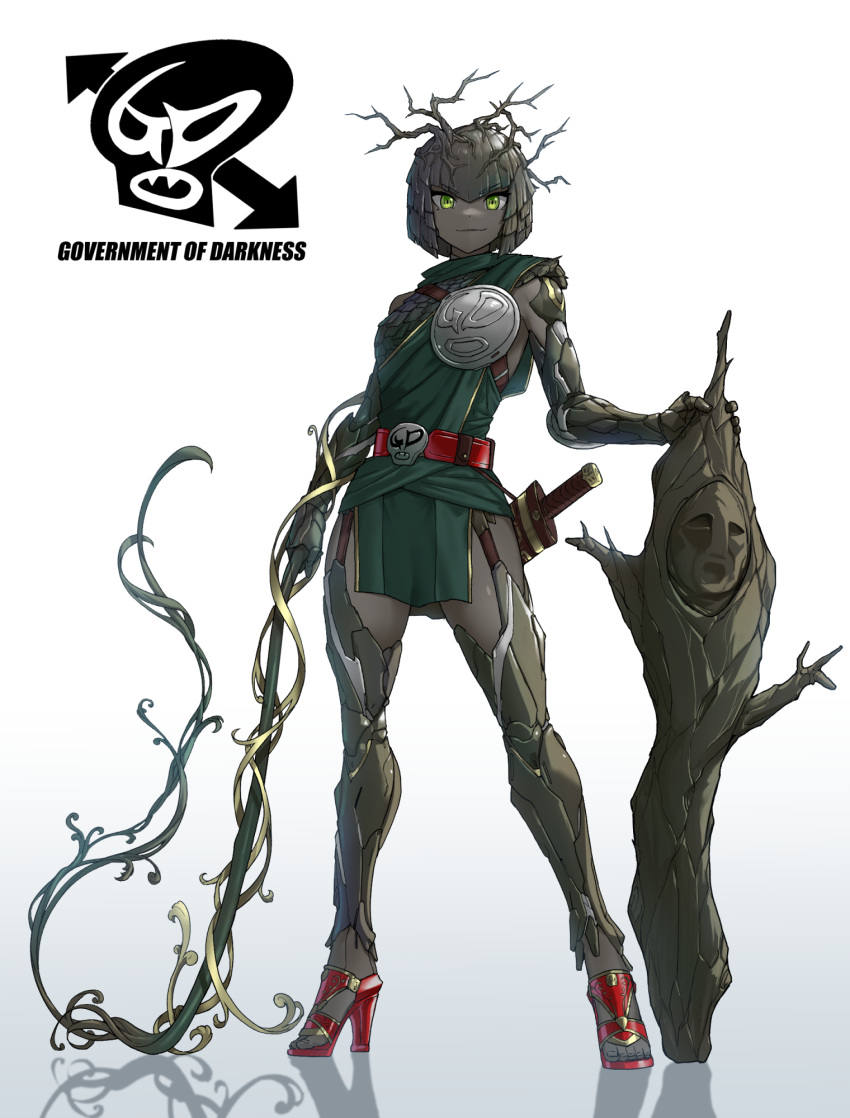 1girl belt character_request colored_skin copyright_request eidenjyou1997 full_body gradient_background green_eyes high_heels highres holding holding_whip kaijin looking_at_viewer monster_girl personification plant_girl short_hair solo standing tree_bark whip
