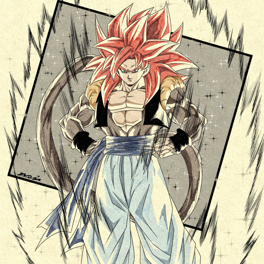 absurdres artist_name aura black_vest blue_eyes blue_sash brown_fur cowboy_shot dragon_ball dragon_ball_gt gogeta highres long_hair metamoran_vest monkey_tail muscular muscular_male noir_illust pants red_hair sash smirk sparkle spiked_hair super_saiyan super_saiyan_4 tail vest white_pants