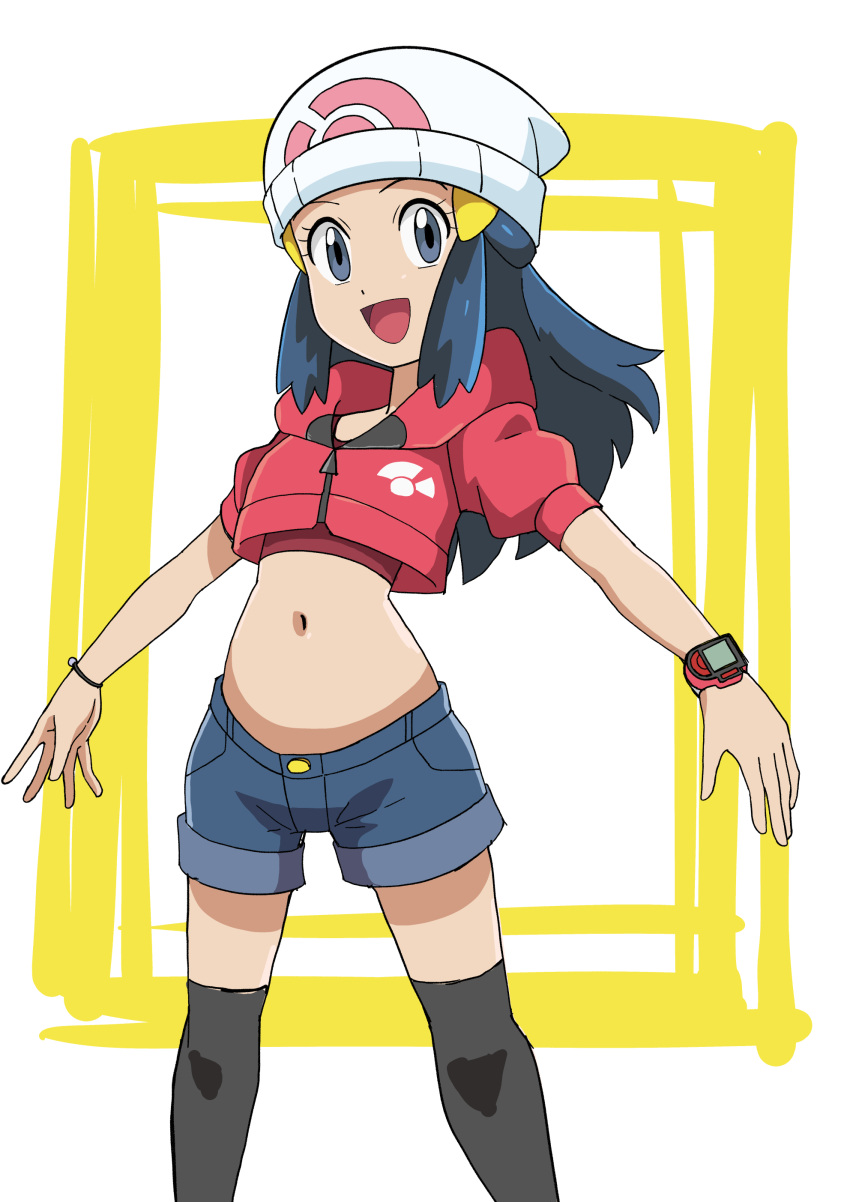 1girl :d absurdres alternate_costume beanie black_hair black_thighhighs commentary_request cropped_jacket dawn dawn_(pokemon) eyelashes grey_eyes grey_shorts hainchu hair_ornament hairclip happy hat highres hood hooded_jacket jacket long_hair looking_at_viewer navel open_mouth pink_jacket pokemon pokemon_(anime) pokemon_journeys poketch red_shirt shirt short_sleeves shorts sidelocks smile solo thighhighs watch white_background white_hat wristwatch