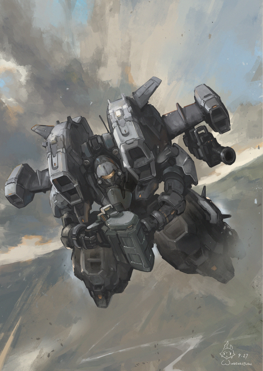 aries_(mobile_suit) artist_logo artist_name assault_visor beam_rifle chinese_commentary cloud cloudy_sky commentary_request dated day desert energy_gun flying gundam gundam_wing highres holding holding_weapon mecha mecha_focus missile_pod mobile_suit mountainous_horizon no_humans outdoors robot science_fiction sky solo weapon windforcelan