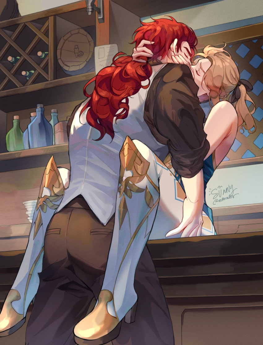 1boy 1girl alcohol artist_name asterrales barrel blonde_hair brown_pants closed_eyes commentary counter diluc_(genshin_impact) english_commentary facing_another genshin_impact hand_on_another's_thigh hetero highres indoors jean_(genshin_impact) kiss long_hair on_counter pants plate plate_stack ponytail red_hair white_pants window